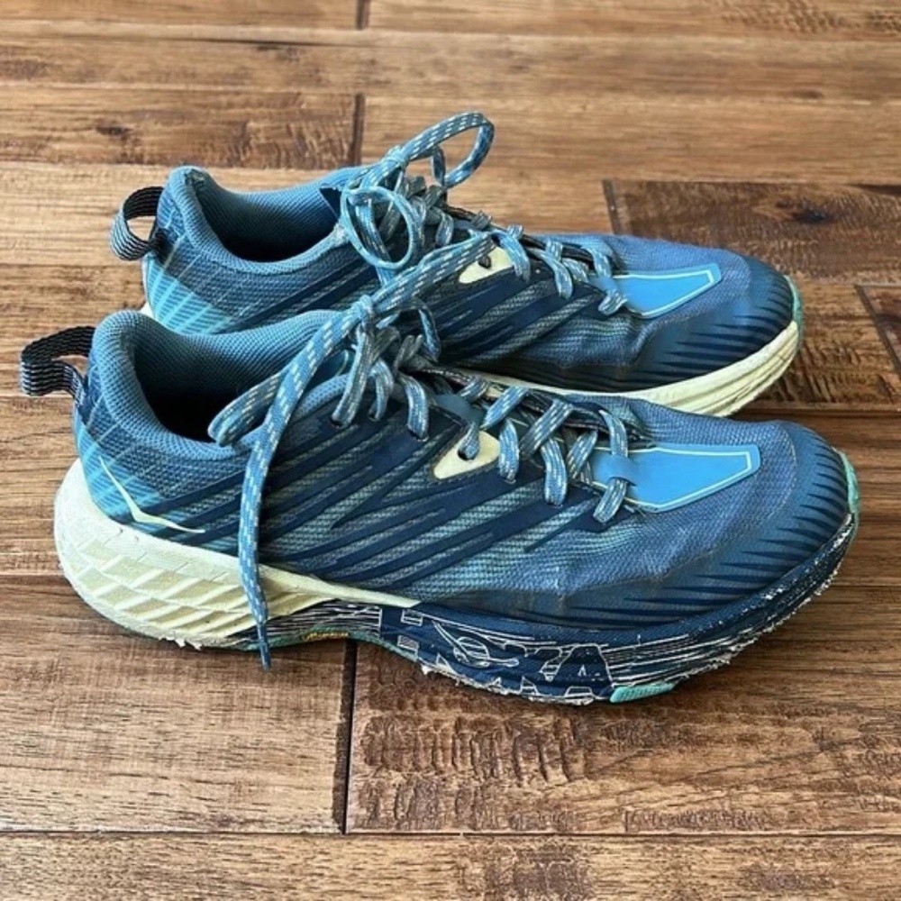 Hoka One One Speedgoat 4 Trail Running Shoes Blue Gray Yellow Womens Size 7